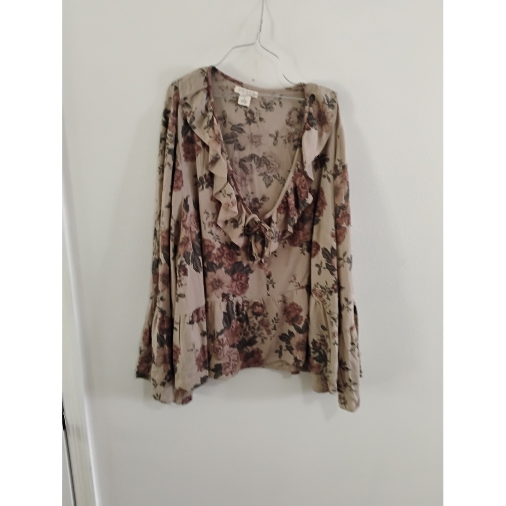 FESTI Floral Ruffle V-Neck Blouse Tan Pink Long Bell Sleeve Peplum Top Size 3